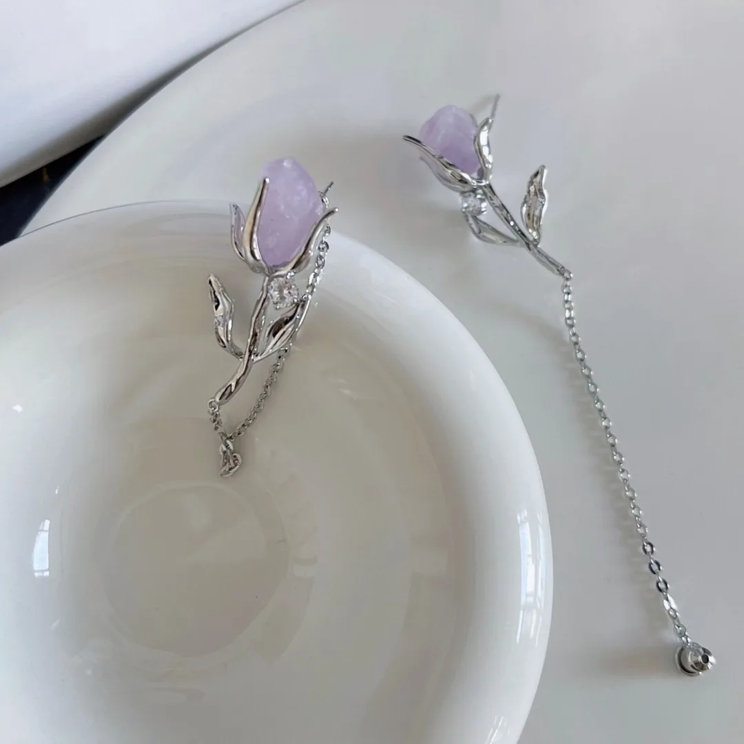 Amethyst Rose Drop Earrings – Silver Floral Asymmetrical Studs