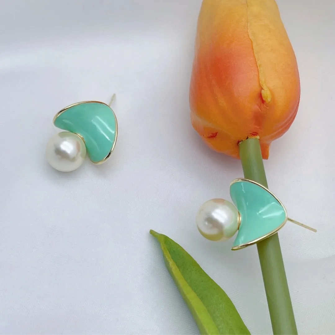 Enamel Fan & Pearl Drop Earrings – Mint & Lime Statement Studs