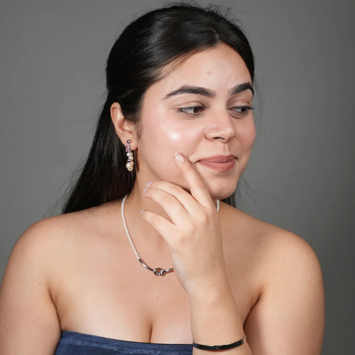 Bhavya wearing Luna Luxe Silver Pearl Bead Hoop Earrings