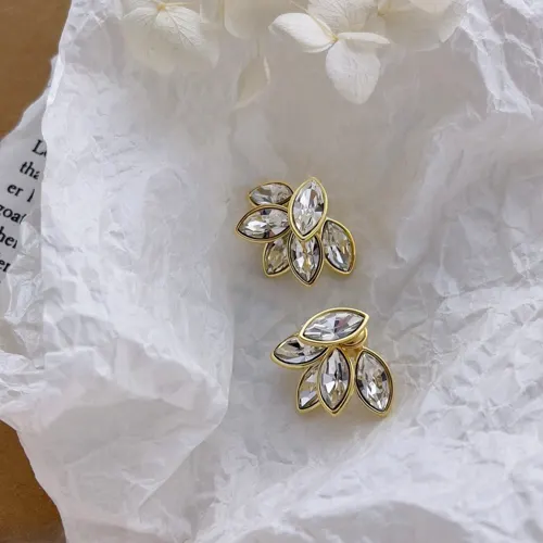 Crystal Leaf Cluster Stud Earrings – Gold Bloom Design in Blue & Silver